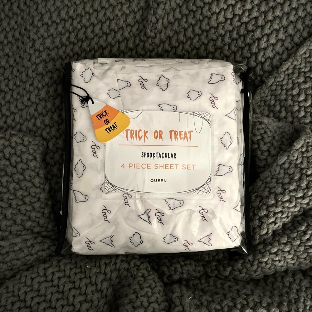 Trick or Treat Halloween Ghost QUEEN 4 piece Bed Sheet Set